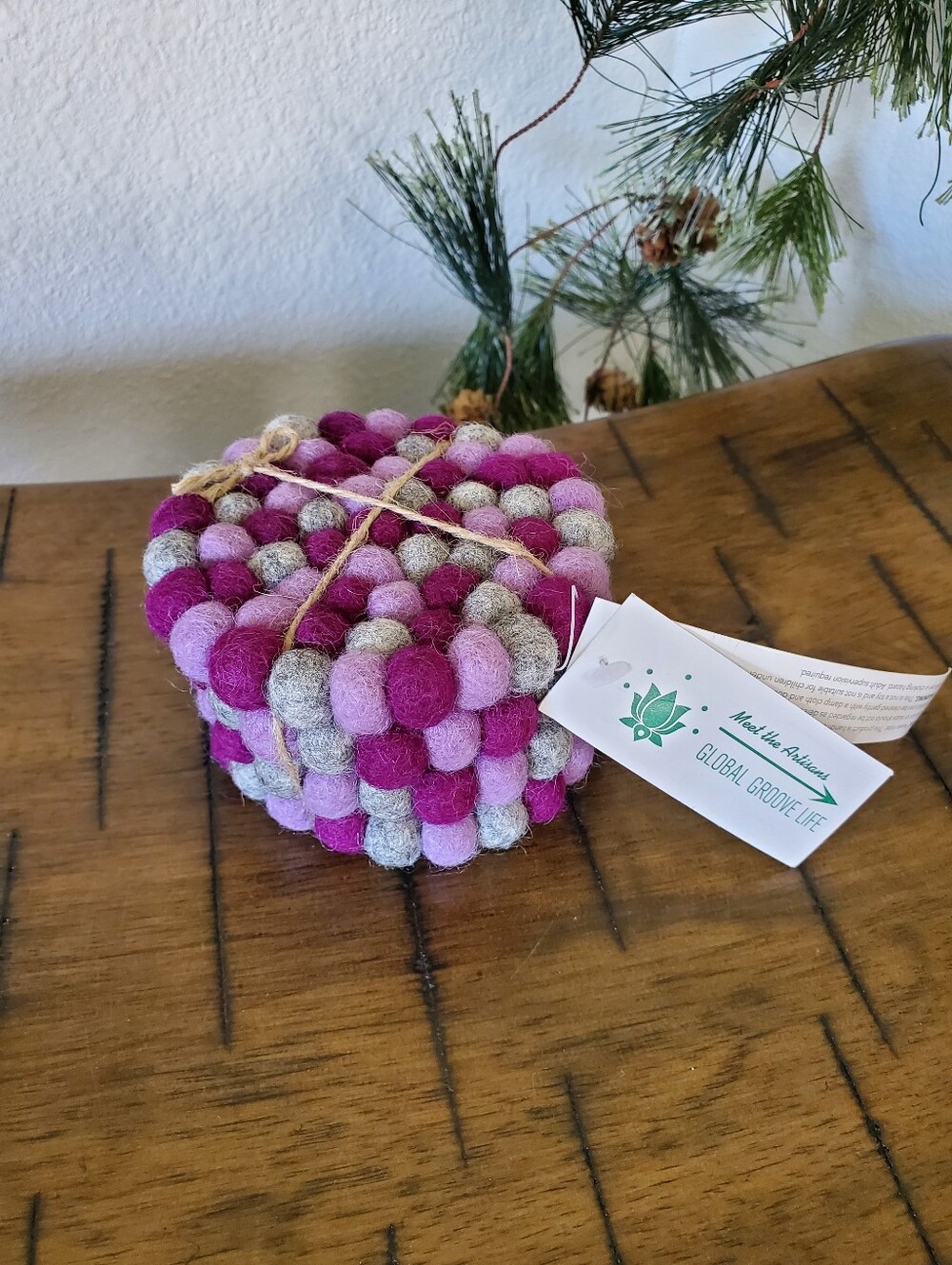 Global Groove Life Wool Felt Ball Coasters Purple Magenta Grey Boho Set